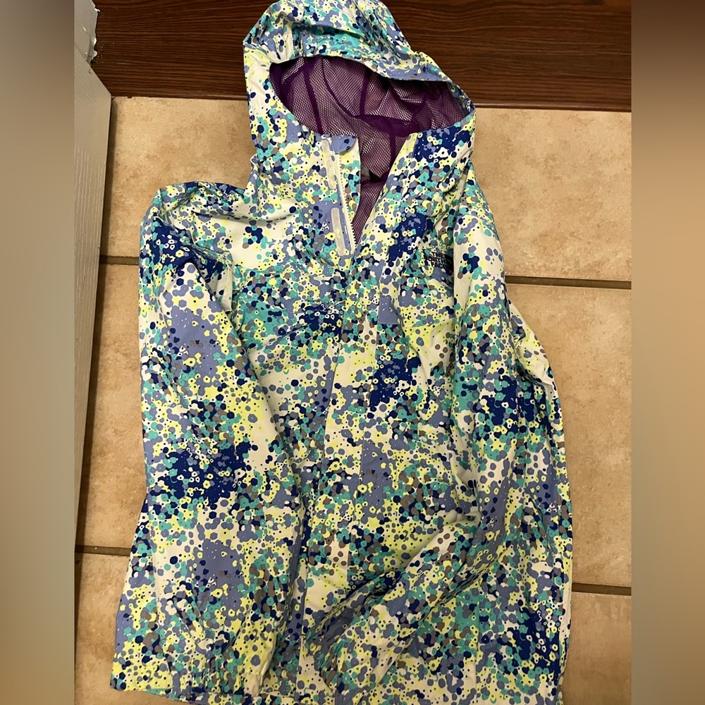 Girls youth the north face purple white hooded rain coat